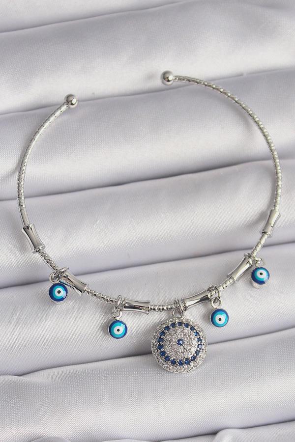 Gümüş Renk Sallantı Zirkon Taşlı Nazar Boncuk Figür Charm Bileklik - EBJ241214W29846 - Image 1