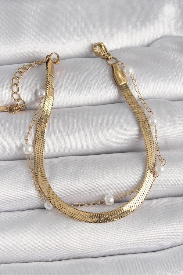 Gold Renk 2'Li İtalyan Zincir Model İnci Detay Kadın Bileklik - EBJ250201W30876 - Image 1