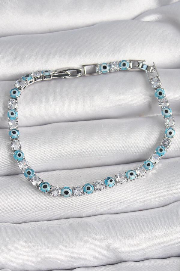 Pirinç Gümüş Renk Su Yolu Zirkon Taşlı Nazar Boncuklu Kadın Bileklik - EBJ250125W30781 - Image 1