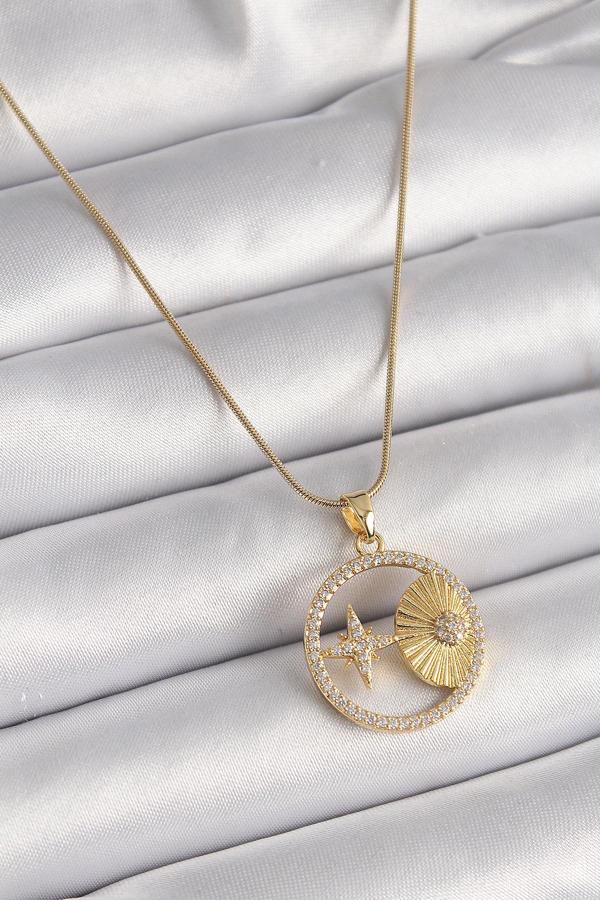 Gold Renk Zincir Zirkon Taşlı Yıldız İşleme Madalyon Model Kadın Kolye - EBJ241221W30103 - Image 1