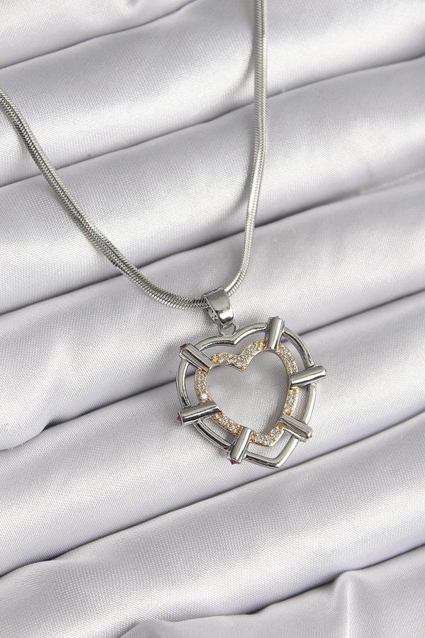 Gümüş Renk İtalyan Zincir Mix Renk Zirkon Taş Detay Kalp Model Kadın Kolye - EBJ241214W29954 - Image 1