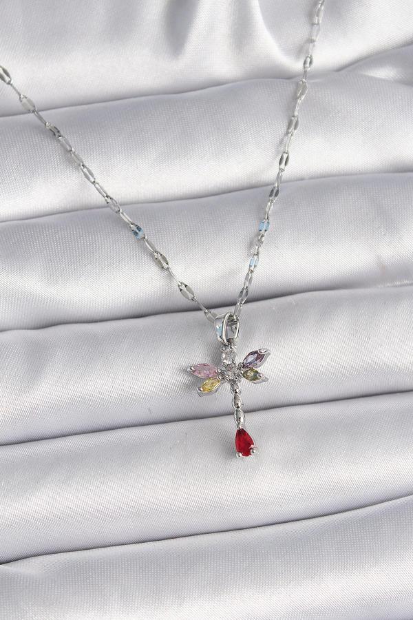 Gümüş Renk Zincir Renkli Zirkon Taşlı Yusufçuk Model Kadın Kolye - EBJ241214W29860 - Image 1