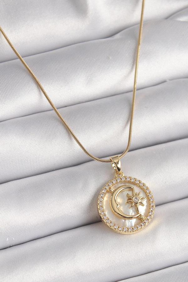 Gold Renk Zincir Zirkon Taş Detaylı Beyaz Sedefli Ay Yıldız Model Kadın Kolye - EBJ241221W30105 - Image 1