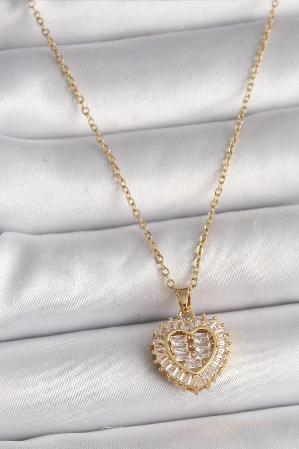 Gold Renk Zincir Zirkon Taşlı Kalp Model Kadın Kolye - EBJ250207W31080 - Image 1