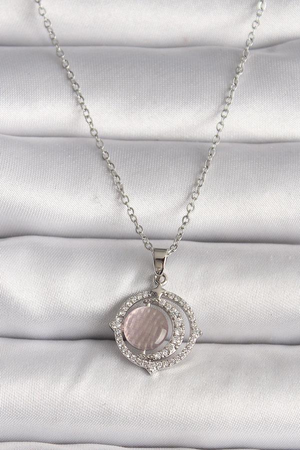 Gümüş Renk Zirkon Taşlı Pembe Sedefli Hilal Model Kadın Kolye - EBJ250118W30757 - Image 1