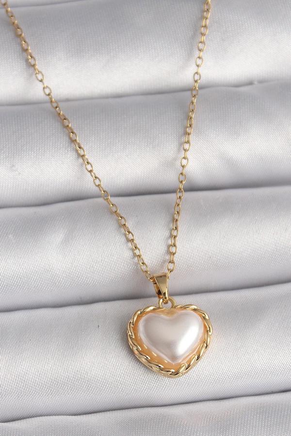 Gold Renk Zincir 3D İnci Kalp Model Kadın Kolye - EBJ250201W30801 - Image 1