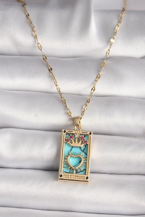 316L Gold Renk Pembe Zirkon Taşlı Taç Kalp Portre Model Kadın Kolye - EBJ250118W30731 - Image 1
