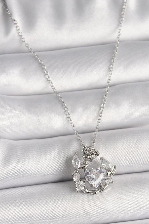 Gümüş Renk Zincir Zirkon Taşlı Kalp Figür Gül Detay Kadın Kolye - EBJ250207W31103 - Image 1