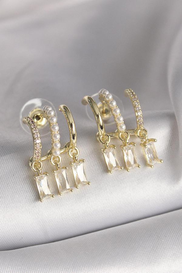 Gold Renk İnci Detay Sallantı Zirkon Taşlı Kadın Küpe - EBJ241214W29909 - Image 1