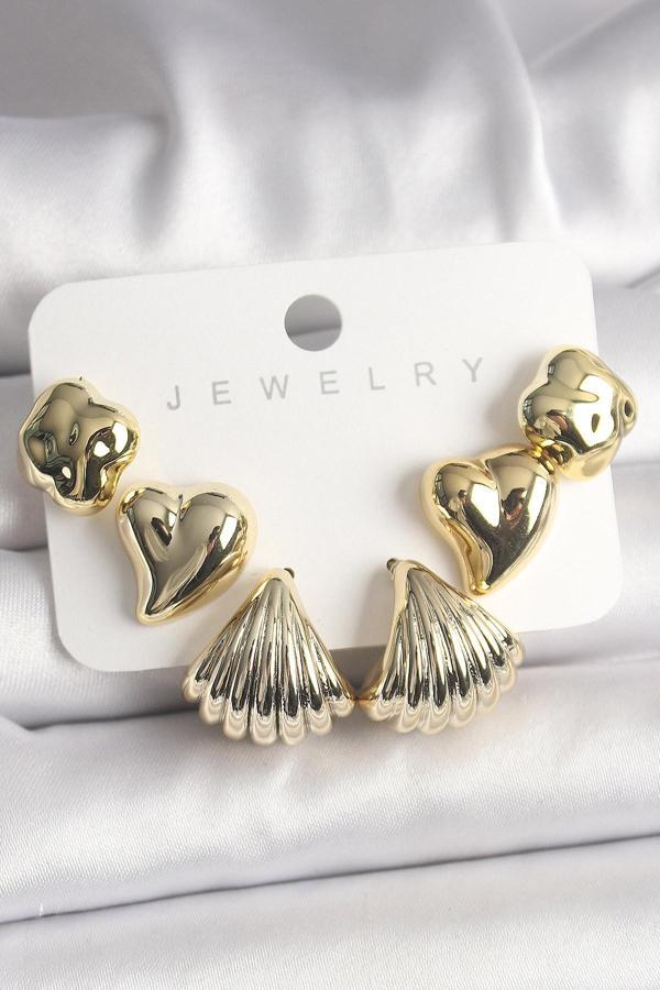 Gold Renk Yonca Kalp Deniz Kabuğu Figür CCB Kadın Küpe Seti - EBJ250118W30659 - Image 1