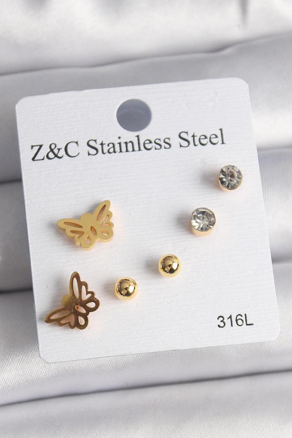 Gold Renk Zirkon Taşlı Kelebek Figür Kadın Küpe Seti - EBJ250118W30644 - Image 1