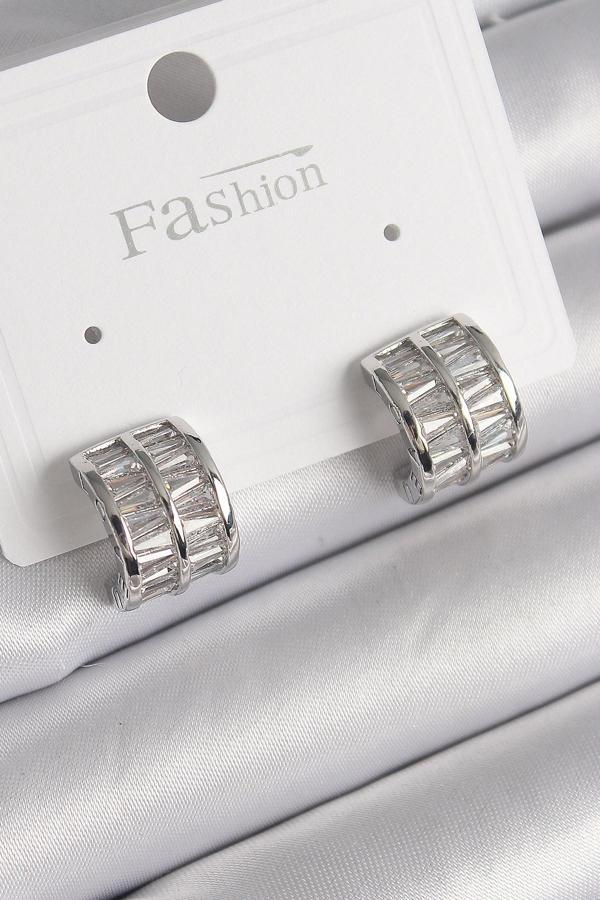 Gümüş Renk Çift Sıra Zirkon Taşlı Kadın Küpe - EBJ241214W29880 - Image 1