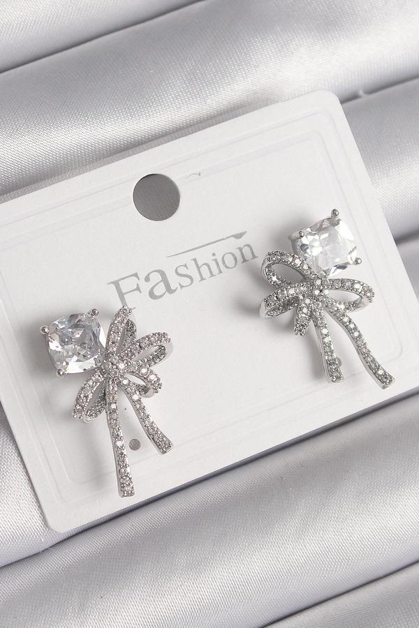 Gümüş Renk Zirkon Taşlı Kurdele Model Kadın Küpe - EBJ241214W29900 - Image 1