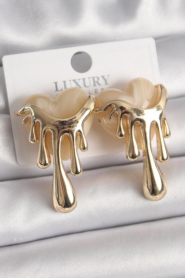 Pirinç Gold Renk Beyaz Sedefli Akan Kalp Model Kadın Küpe - EBJ241228W30194 - Image 1