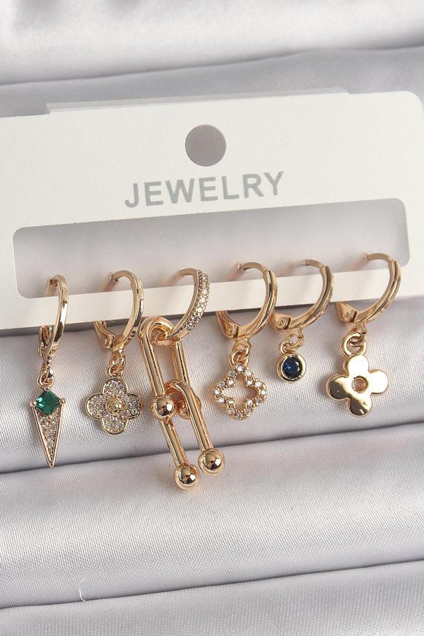 Pirinç Gold Renk Çoklu Figür Kadın Küpe Seti - EBJ250201W30968 - Image 1