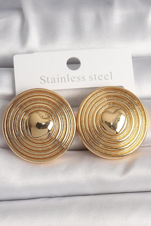 Pirinç Gold Renk Kalp İşlemeli Daire Plaka Model Kadın Küpe - EBJ250207W31201 - Image 1