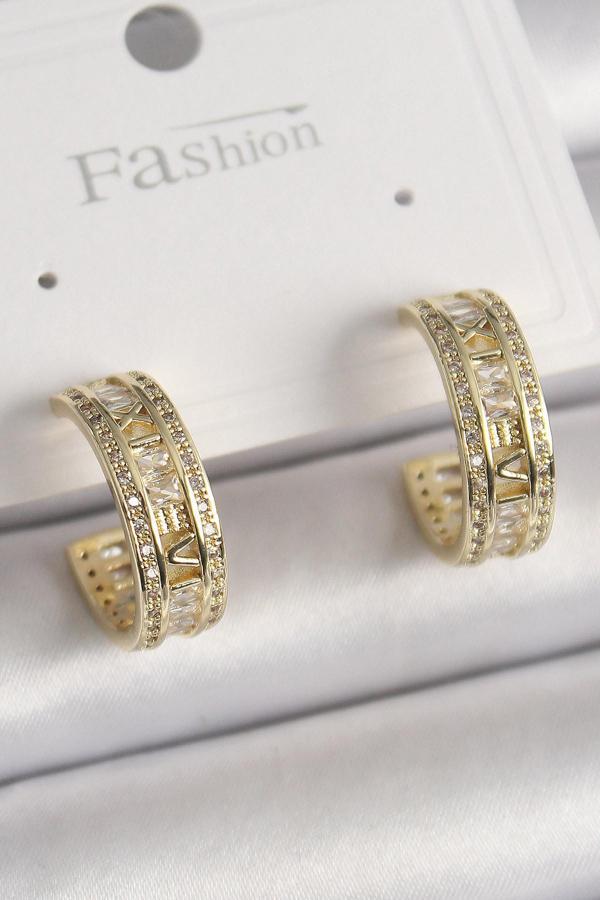 Pirinç Gold Renk Zirkon Taşlı İşleme Detay Halka Model Kadın Küpe - EBJ241228W30214 - Image 1