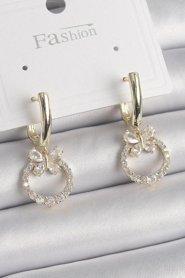 Pirinç Gold Renk Zirkon Taşlı Kelebek Figür Sallantı Model Kadın Küpe - EBJ241221W30135 - Image 1