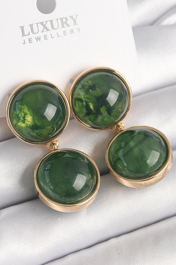 Pirinç Gold Renk Sallantı Yeşil Mineli Daire Model Kadın Küpe - EBJ250125W30775 - Image 1