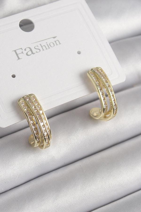 Pirinç Gold Renk Zirkon Taşlı Yarım Halka Model Kadın Küpe - EBJ250113W30499 - Image 1