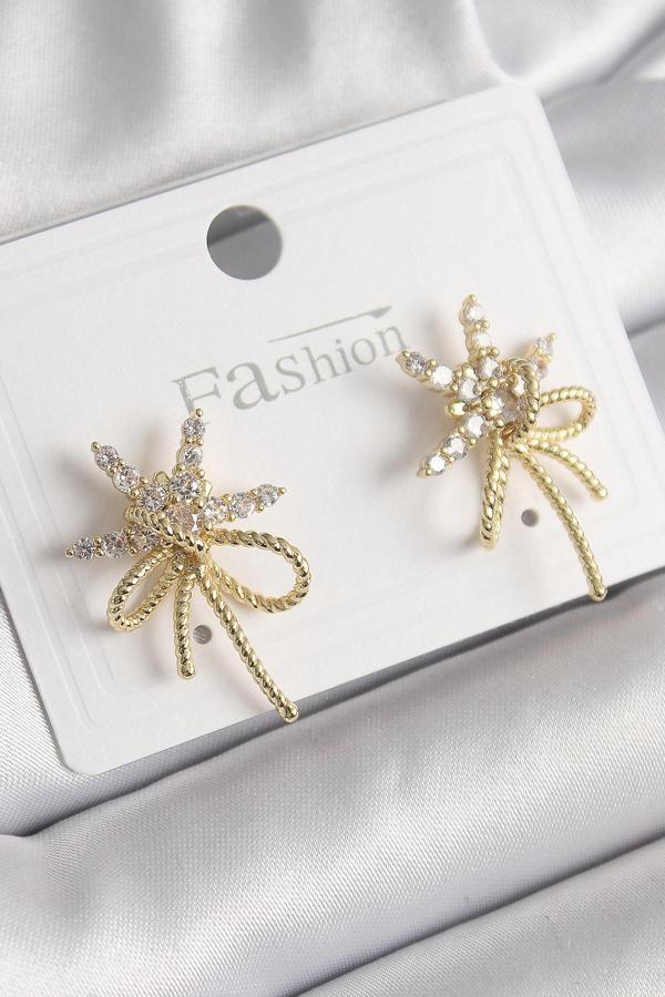 Pirinç Gold Renk Zirkon Taşlı Yıldız Düğüm Model Kadın Küpe - EBJ250113W30473 - Image 1