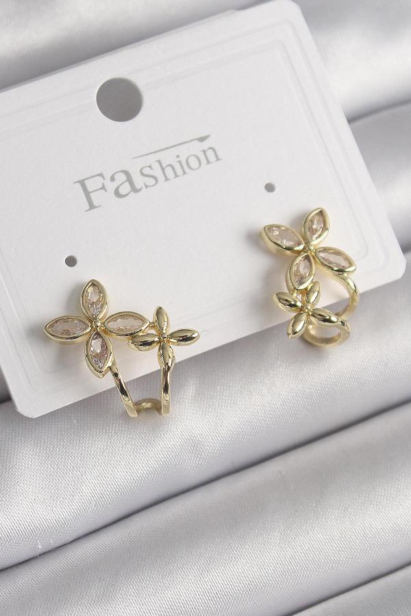 Pirinç Gold Renk Zirkon Taşlı 2'Li Çiçek Model Kadın Küpe - EBJ250113W30483 - Image 1