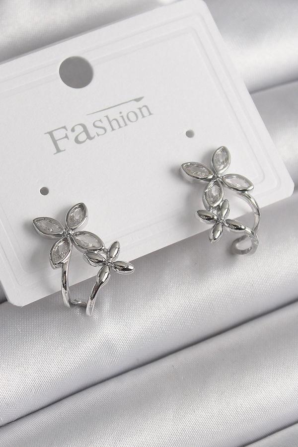 Pirinç Gümüş Renk Zirkon Taşlı 2'Li Çiçek Model Kadın Küpe - EBJ250113W30484 - Image 1