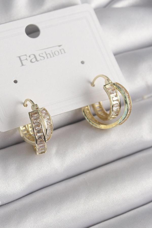 Pirinç Gold Renk Zirkon Taşlı Halka Model Kadın Küpe - EBJ250113W30523 - Image 1