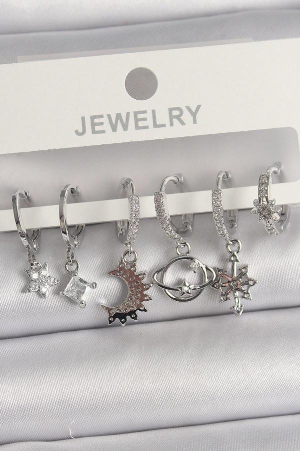 Pirinç Gümüş Renk Zirkon Taşlı Gezgen Model Kadın Küpe Seti - EBJ250201W30986 - Image 1