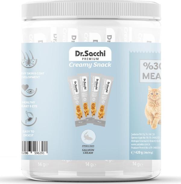 Dr.Sacchi Creamy Snack Sterilised Salmon Sıvı Kedi Ödülü 14gr - 30'Lu Kavanoz - Image 1