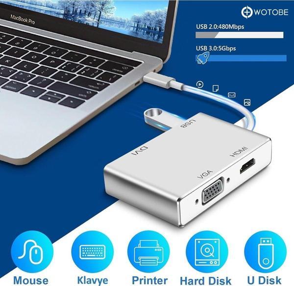 Wotobe 4'Ü 1 Arada Macbook Pc Projektör Hdtv Uyumlu Usb-C Usb Vga Dvı Hdmı Dönüştürücü Adaptör - Image 1