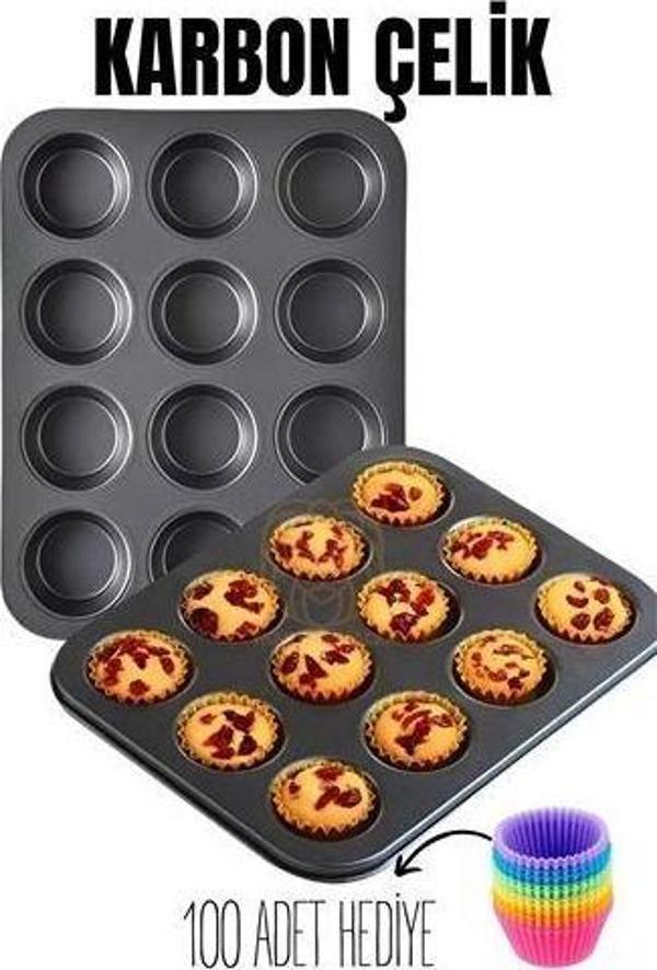 Findit 12 li Muffin Kalıbı Teflon Çelik 100 Muffin Kağıtlı - Image 1