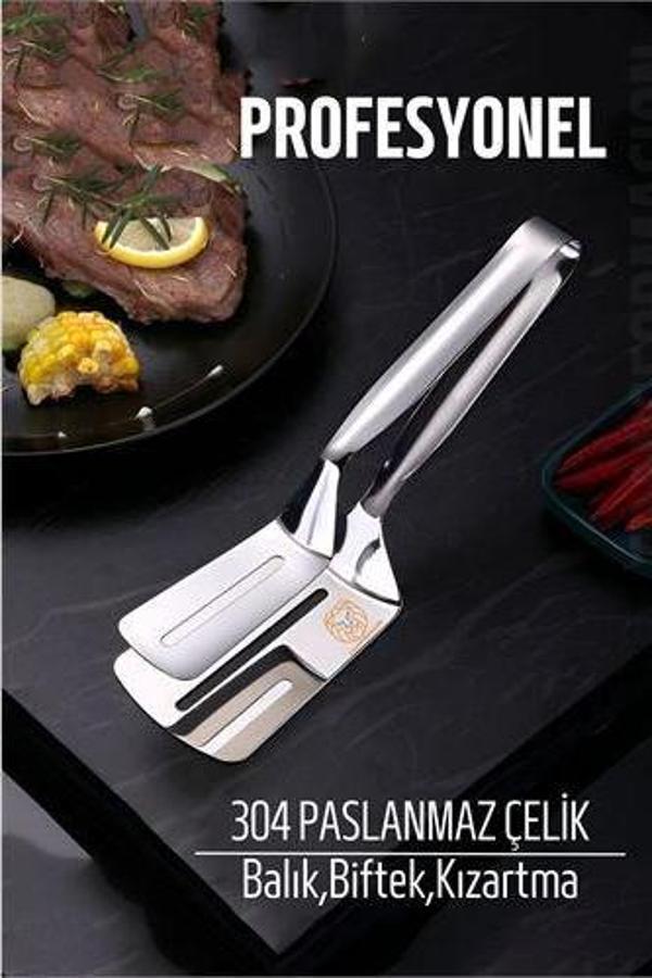 Spatulalı Maşa Biftek Balık Maşası 304 Paslanmaz Çelik - Image 1