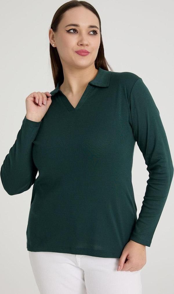 Banega Curve Büyük Beden Pamuklu Likralı V Yaka Basic Düz Petrol Yeşili Bluz - Image 1