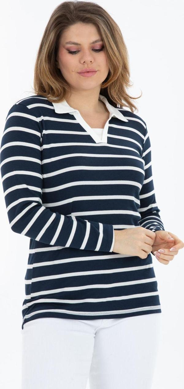 Banega Büyük Beden Pamuklu Likralı V Yaka Basic Lacivert Uzun Kol Bluz - Image 1