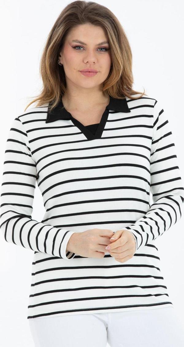 Banega Curve Büyük Beden Pamuklu Likralı V Yaka Basic Uzun Kol Siyah Bluz - Image 1