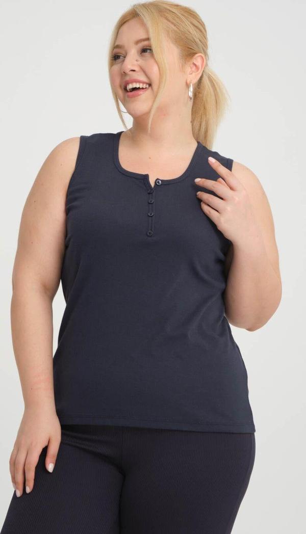 Banega Büyük Beden Kolsuz Kalın Askılı Pamuk Penye Bisklet Yaka Lacivert Bluz Atlet - Image 1