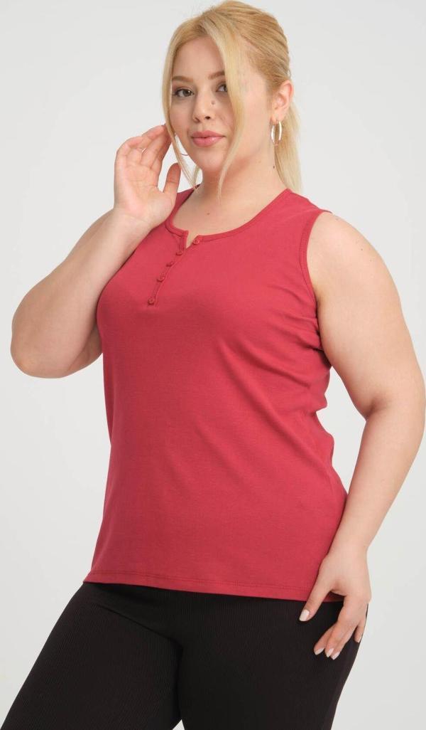 Banega Büyük Beden Kolsuz Kalın Askılı Pamuk Penye Bisklet Yaka Mürdüm Bluz Atlet - Image 1