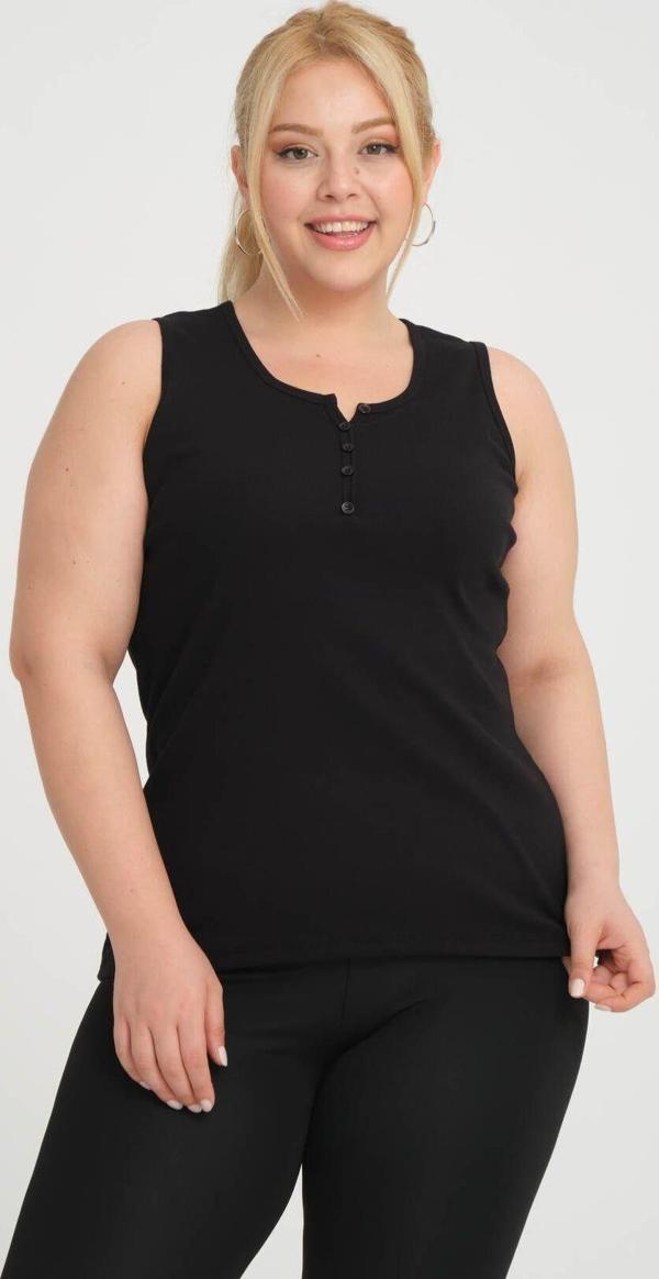 Banega Büyük Beden Kolsuz Kalın Askılı Pamuk Penye Bisklet Yaka Siyah Bluz Atlet - Image 1