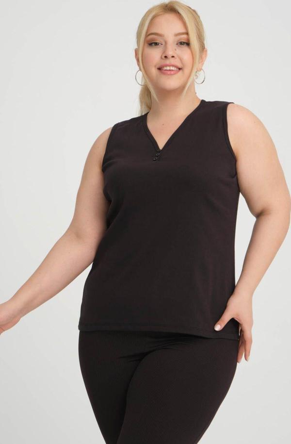 Banega Büyük Beden Kolsuz Kalın Askılı Pamuk Penye V Yaka Siyah Bluz Atlet - Image 1