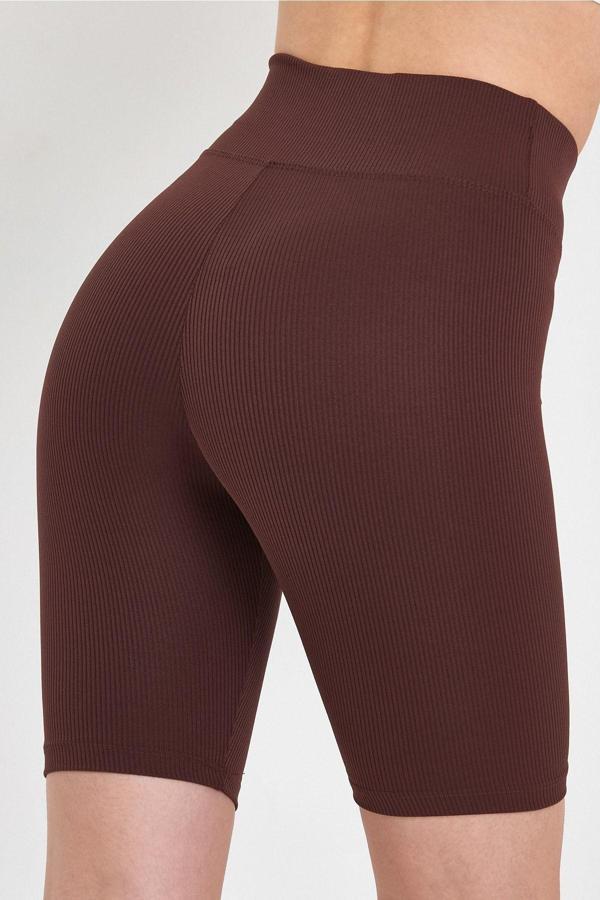 Banega Kadın Yüksek Bel Toparlayıcı Sıkılaştırıcı Kahverengi Fitilli Biker Şort Kısa Tayt - Image 1