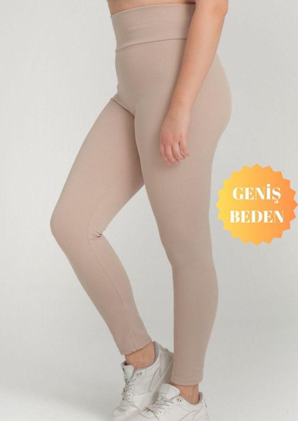 Banega Curve Büyük Beden Fitilli Yüksek Bel Toparlayıcı Krem Tayt - Image 1