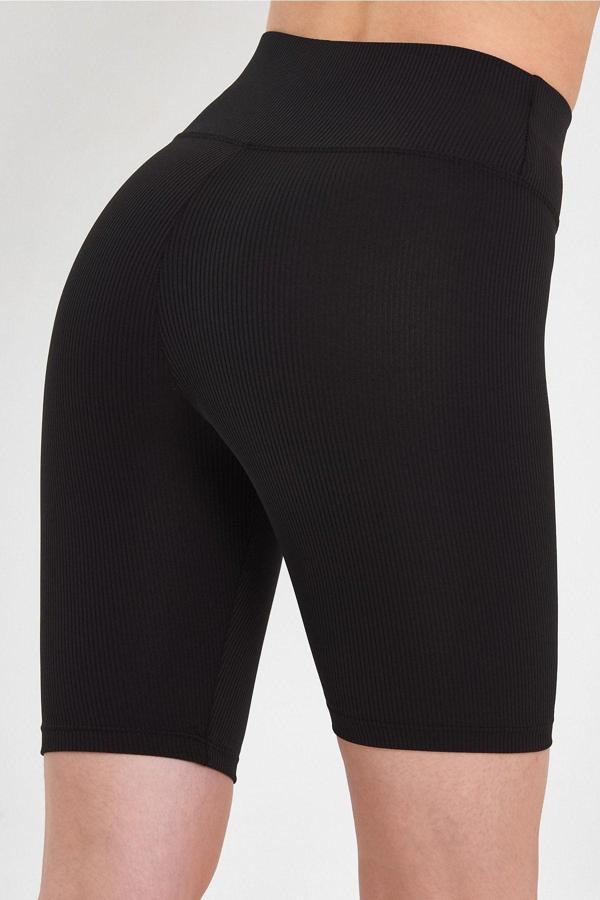 Banega Kadın Yüksek Bel Toparlayıcı Sıkılaştırıcı Siyah Fitilli Biker Şort Kısa Tayt - Image 1