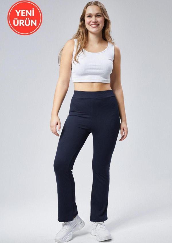 Banega Curve Büyük Beden Fitilli Flare Boru Paça Yüksek Bel Toparlayıcı Lacivert Tayt Pantolon - Image 1