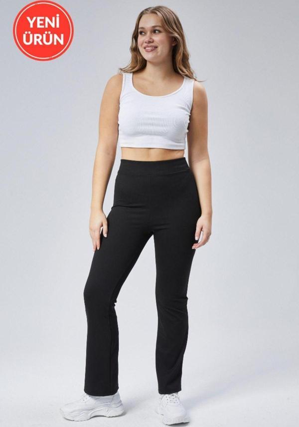Banega Curve Büyük Beden Fitilli Flare Boru Paça Yüksek Bel Toparlayıcı Siyah Tayt Pantolon - Image 1