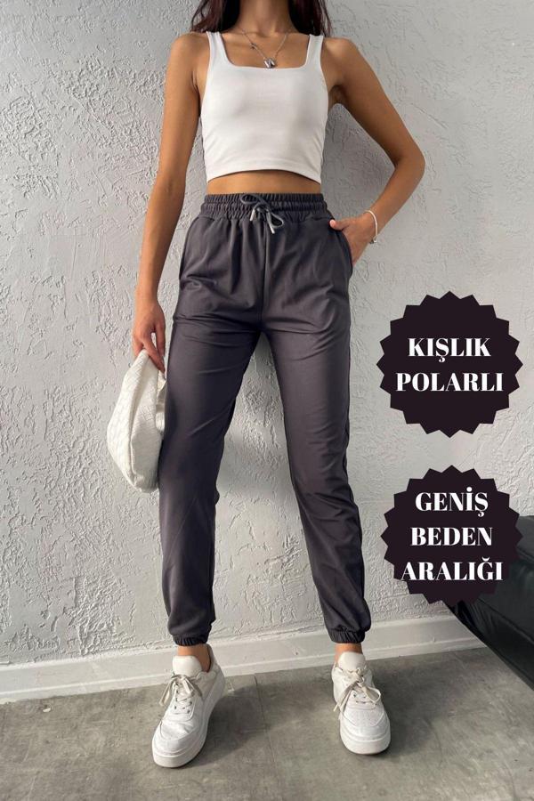 Banega Kadın Dalgıç Kumaş Kışlık Polarlı Jogger Yüksek Bel Cepli Füme Eşofman Altı - Image 1