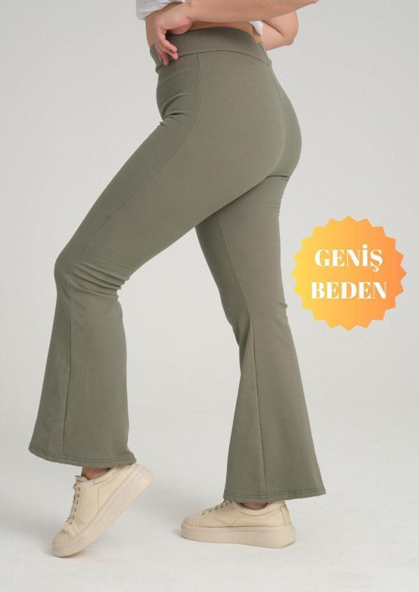 Banega Curve Büyük Beden Fitilli İspanyol Paça Yüksek Bel Toparlayıcı Haki Tayt - Image 1