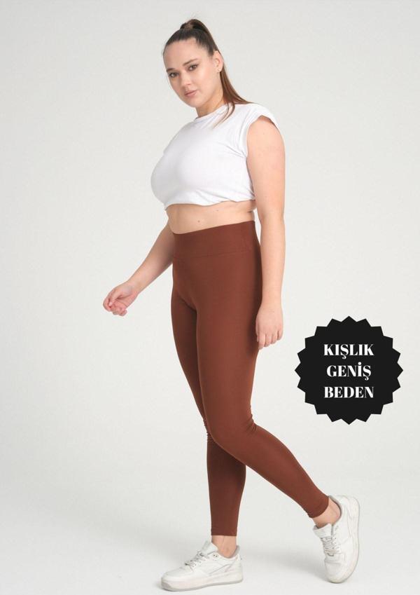 Banega Curve Büyük Beden Örme Şardonlu Polarlı Kışlık Kahverengi Tayt - Image 1