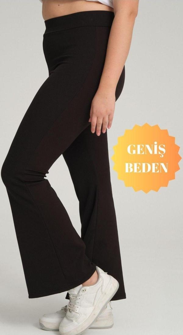 Banega Curve Büyük Beden Fitilli İspanyol Paça Yüksek Bel Toparlayıcı Siyah Tayt - Image 1