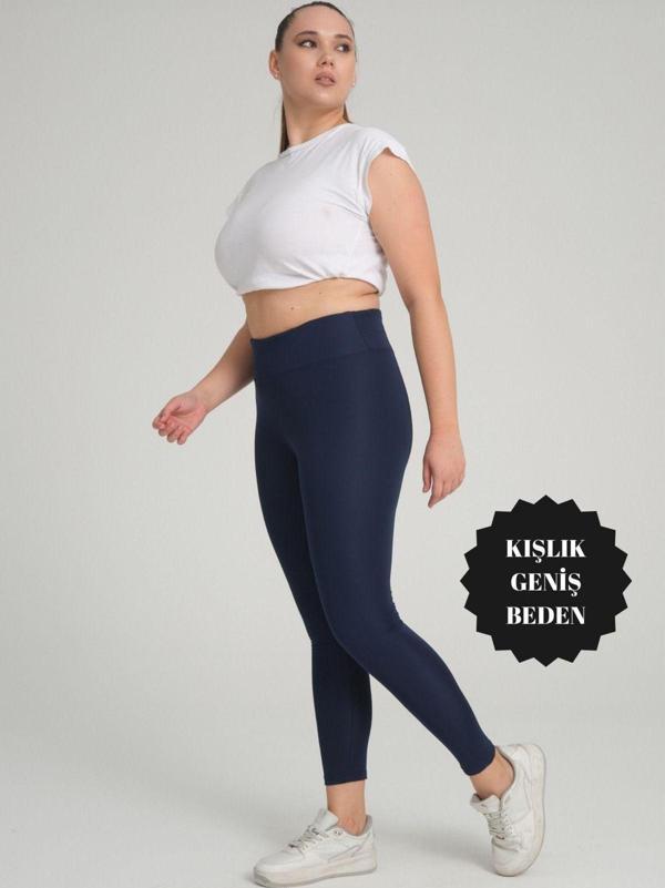 Banega Curve Büyük Beden Örme Şardonlu Polarlı Kışlık Lacivert Tayt - Image 1